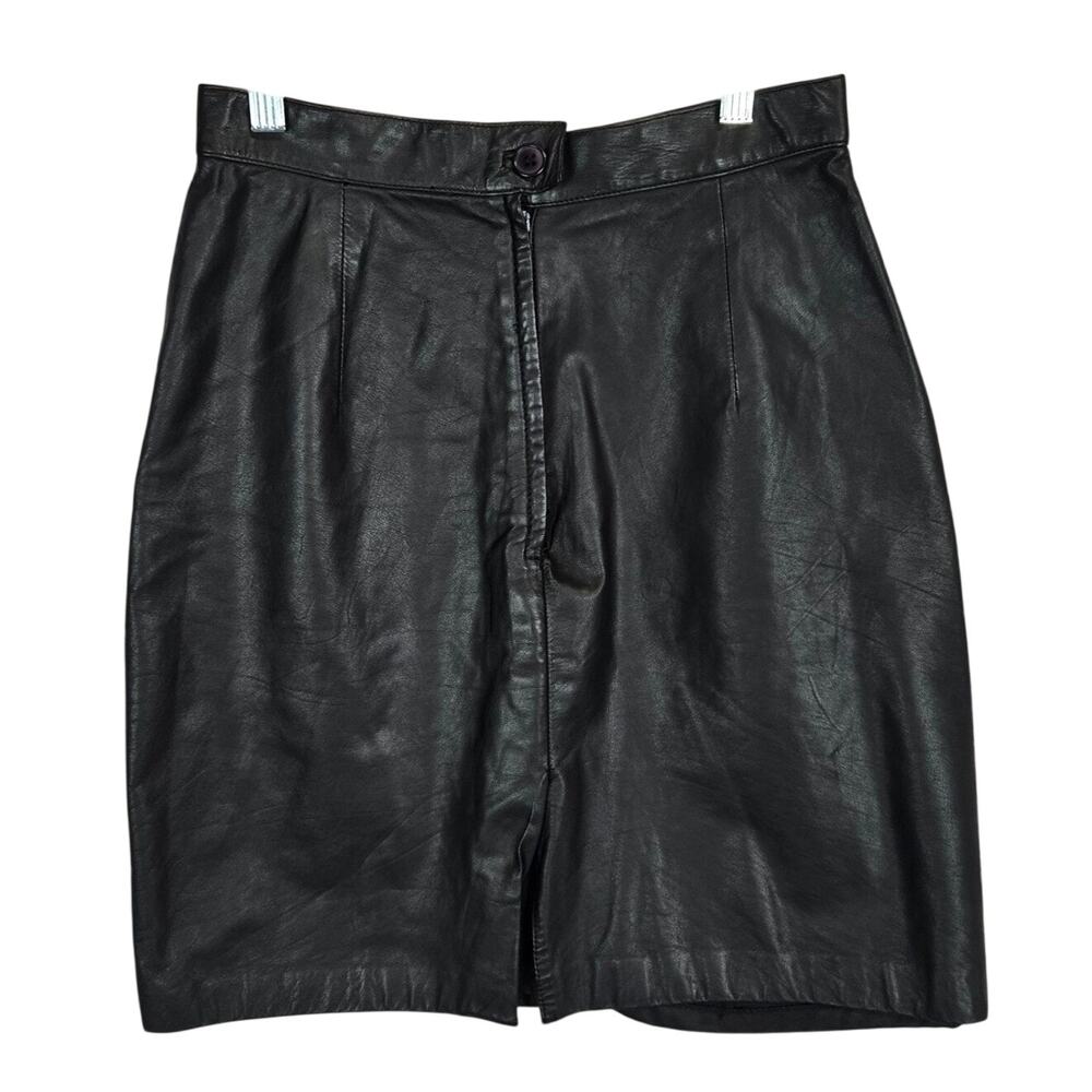 Vintage Black Genuine Leather Mini Skirt Vtg Sz 9 (26") Office Siren Edgy Retro